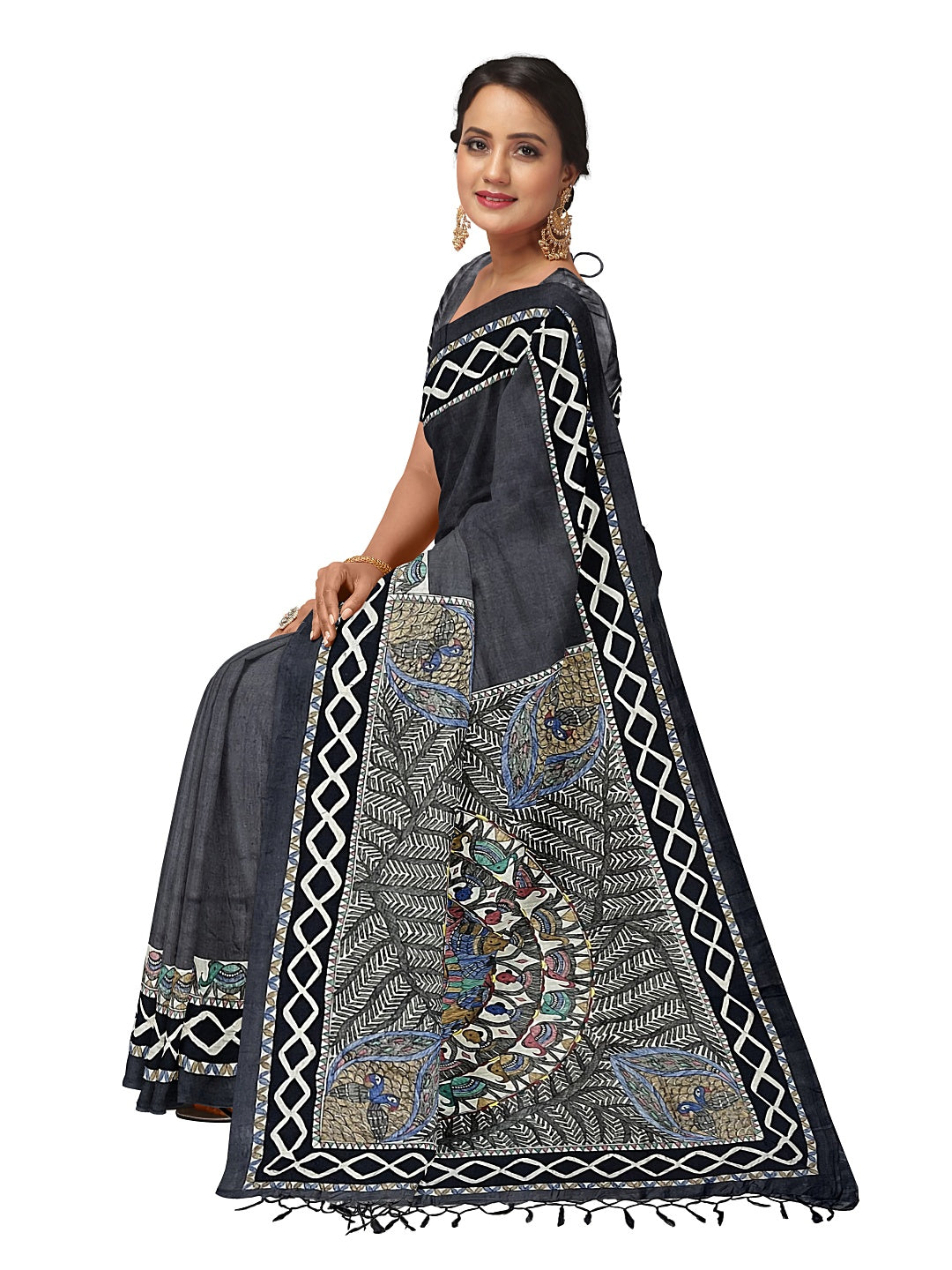 Handpainted Madhubani Saree in Godhna Style – Black Tussar Munga Silk